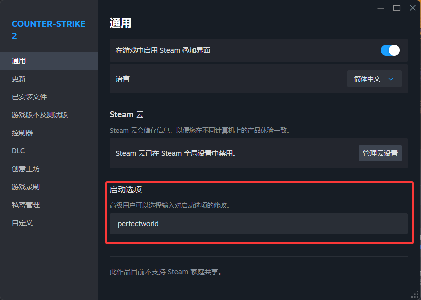 CS2 启动选项填入 -perfectworld